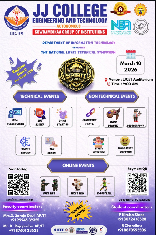 SPIRIT 2K26 National Level Technical Symposium Poster 